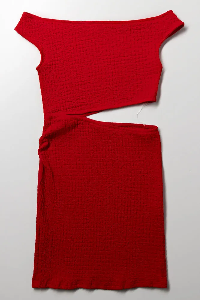 Crinkle Knit Cut Out Dress Red sold by Ackermas