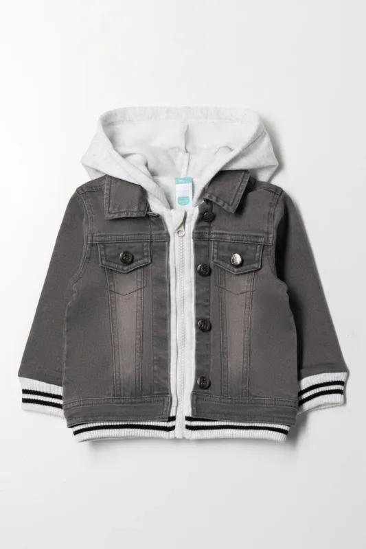 Hooded Knit Combo Denim Jacket Grey sold by Ackermas