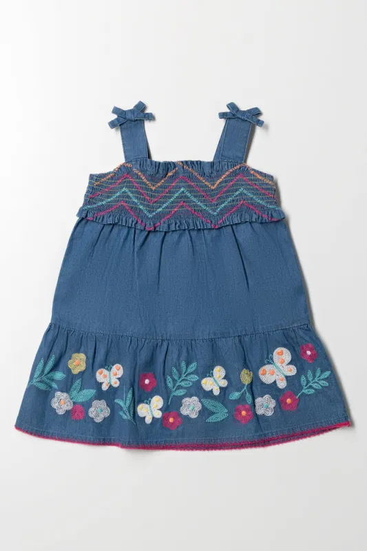 Smocked Denim Dress Blue sold by Ackermas