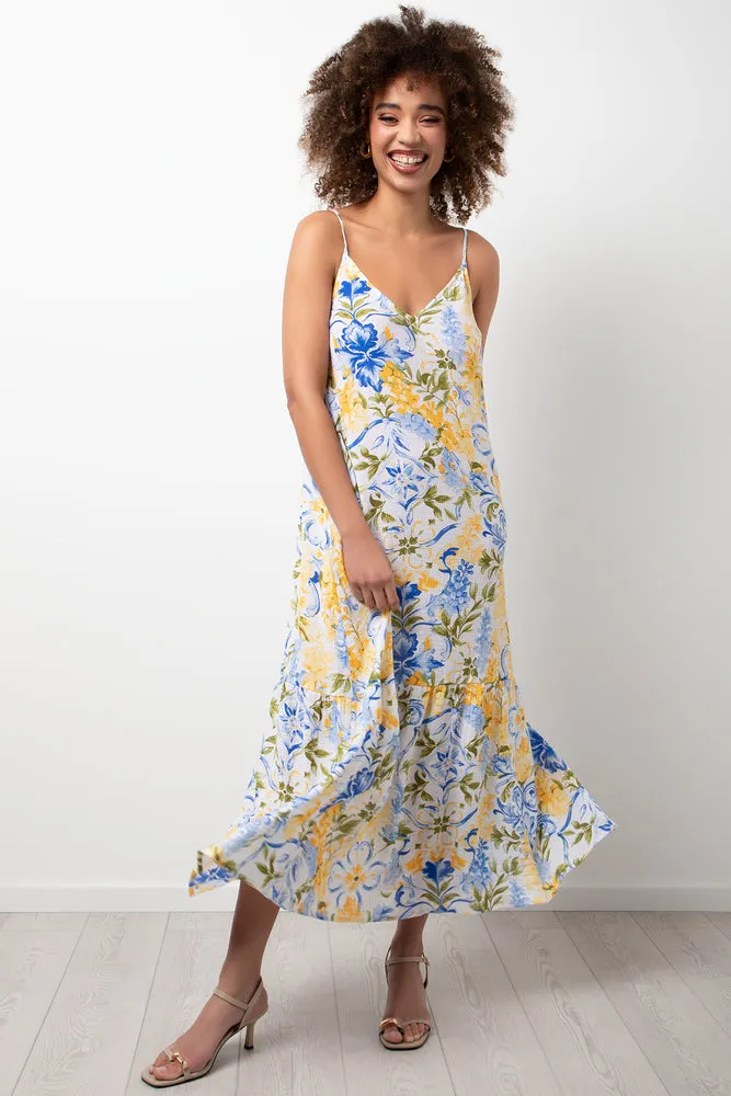 Flower Tiered Strappy Dress Blue sold by Ackermas