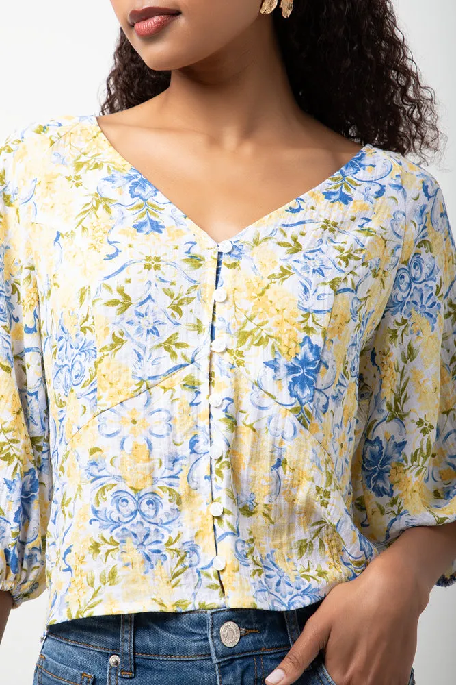 Ballerina Sleeve Linen Top Yellow Floral sold by Ackermas product image thumbnail 4