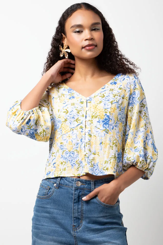 Ballerina Sleeve Linen Top Yellow Floral sold by Ackermas