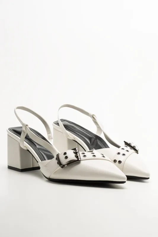Buckle Pointy Block Heel Shoes White sold by Ackermas