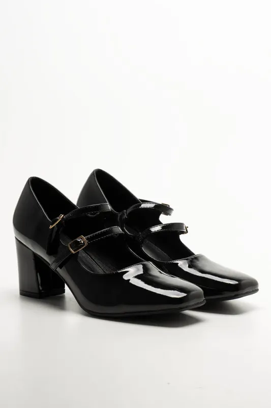 Double Strap Block Heel Shoes Black sold by Ackermas