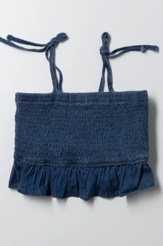 Smocked Tie Strap Denim Top Blue sold by Ackermas