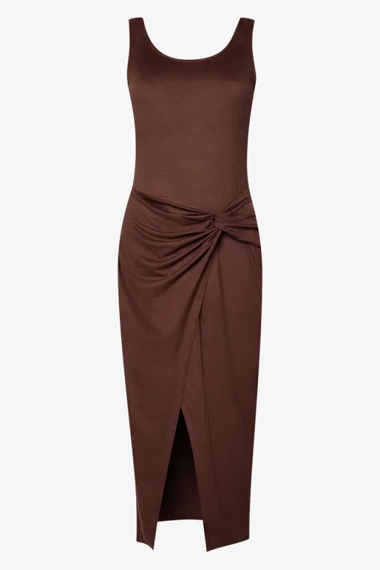 Suede Wrap Midi Dress Brown sold by Ackermas