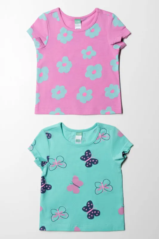 2 Pack Flower Butterfly Short Sleeve T-Shirts Pink & Aqua sold by Ackermas