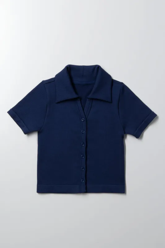 Seamless Button Down Collar Top Navy sold by Ackermas