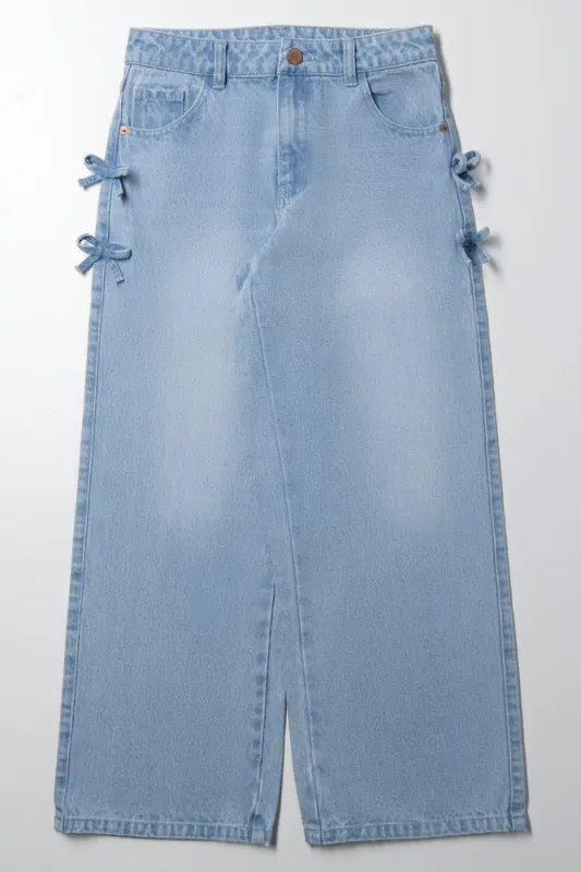 Bow Detail Straight Leg Denim Jeans Light Blue sold by Ackermas