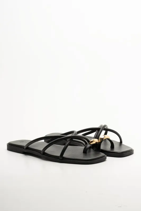Metal Trim Toe Post Mule Sandals Black sold by Ackermas