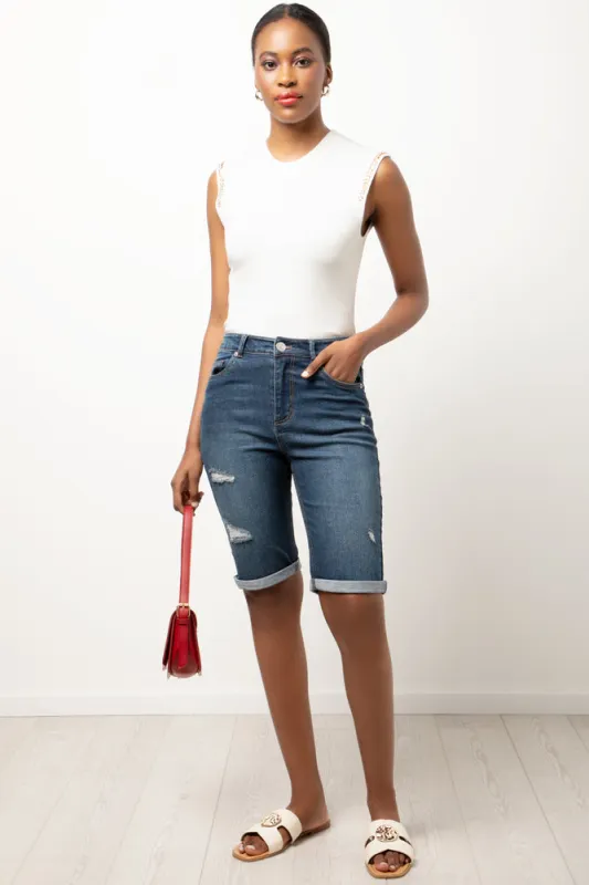 Distressed Bermuda Shorts Dark Blue sold by Ackermas