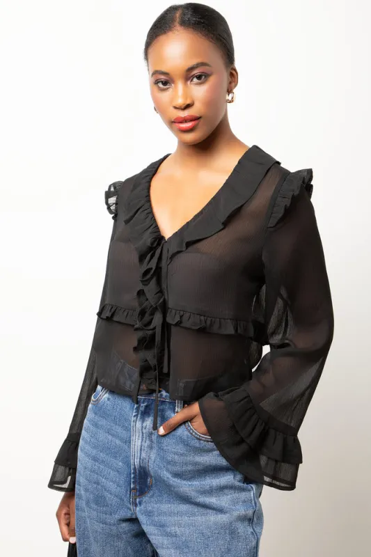 Long Sleeve Chiffon Front Tie Top Black sold by Ackermas