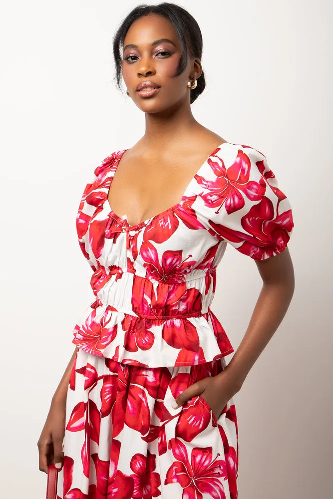 Floral Short Sleeve Puff Sleeve Top Dark Pink sold by Ackermas