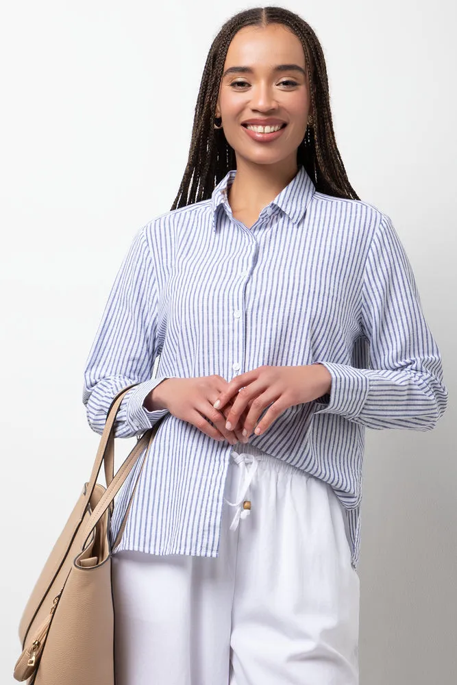 Linen Blend Stripe Shirt Blue sold by Ackermas