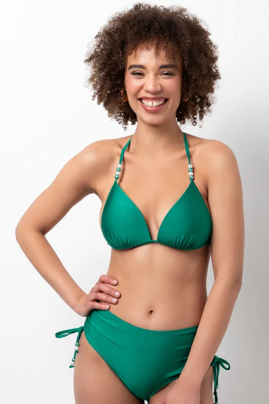 Side Ruched Beaded High Leg Bikini Bottom Green sold by Ackermas