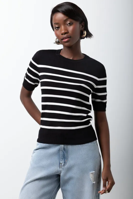 Stripe Ballerina Sleeve Crew Neck Top Black And White sold by Ackermas