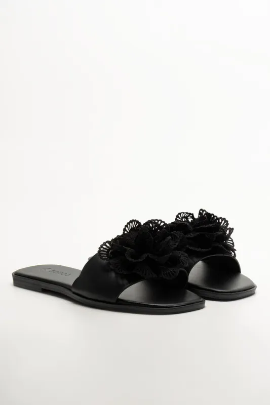 Flower Trim Mule Sandals Black sold by Ackermas