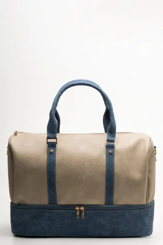 Bottom Compartment Weekender Bag Natural & Navy sold by Ackermas