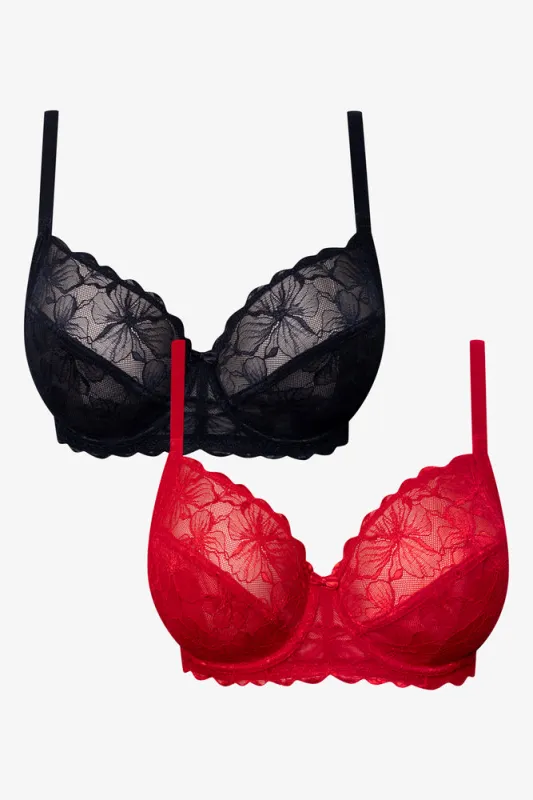 Plus Size 2 Pack Lace Non Padded Underwire Bras Black And Red made by Ackermas