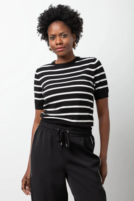 Stripe Ballerina Sleeve Crew Neck Knit Top Black And White made by Ackermas