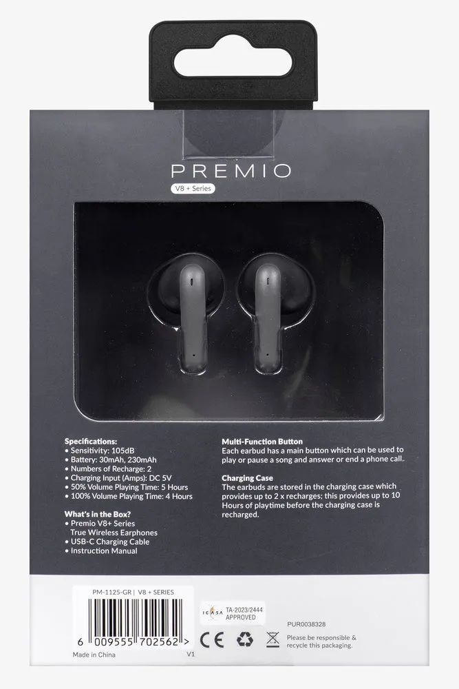 Premio V8 + Series Wireless Earphones Grey sold by Ackermas product image thumbnail 5