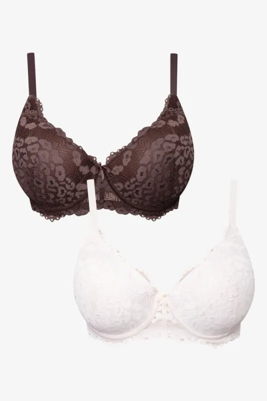 Plus Size 2 Pack  Lace Balconette Bra Brown And White sold by Ackermas