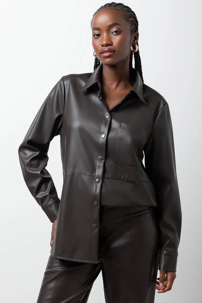 Long Sleeve Pleather Shirt Chocolate sold by Ackermas