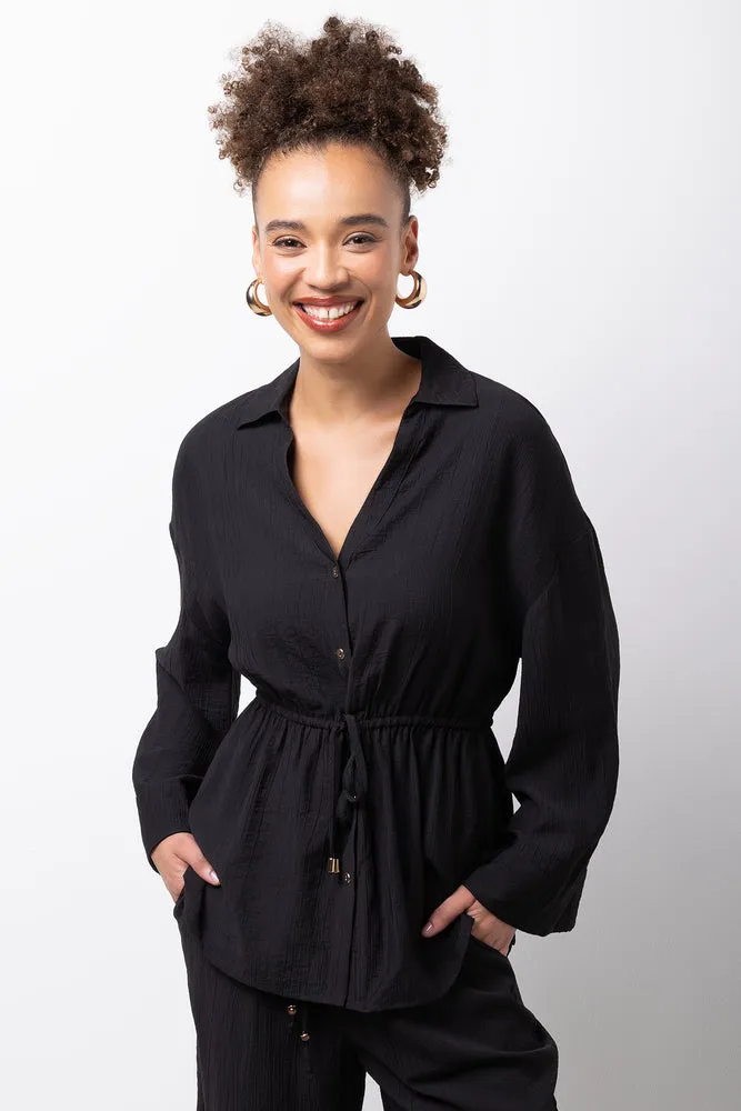 Black Crinkle Long Sleeve Shirt sold by Ackermas