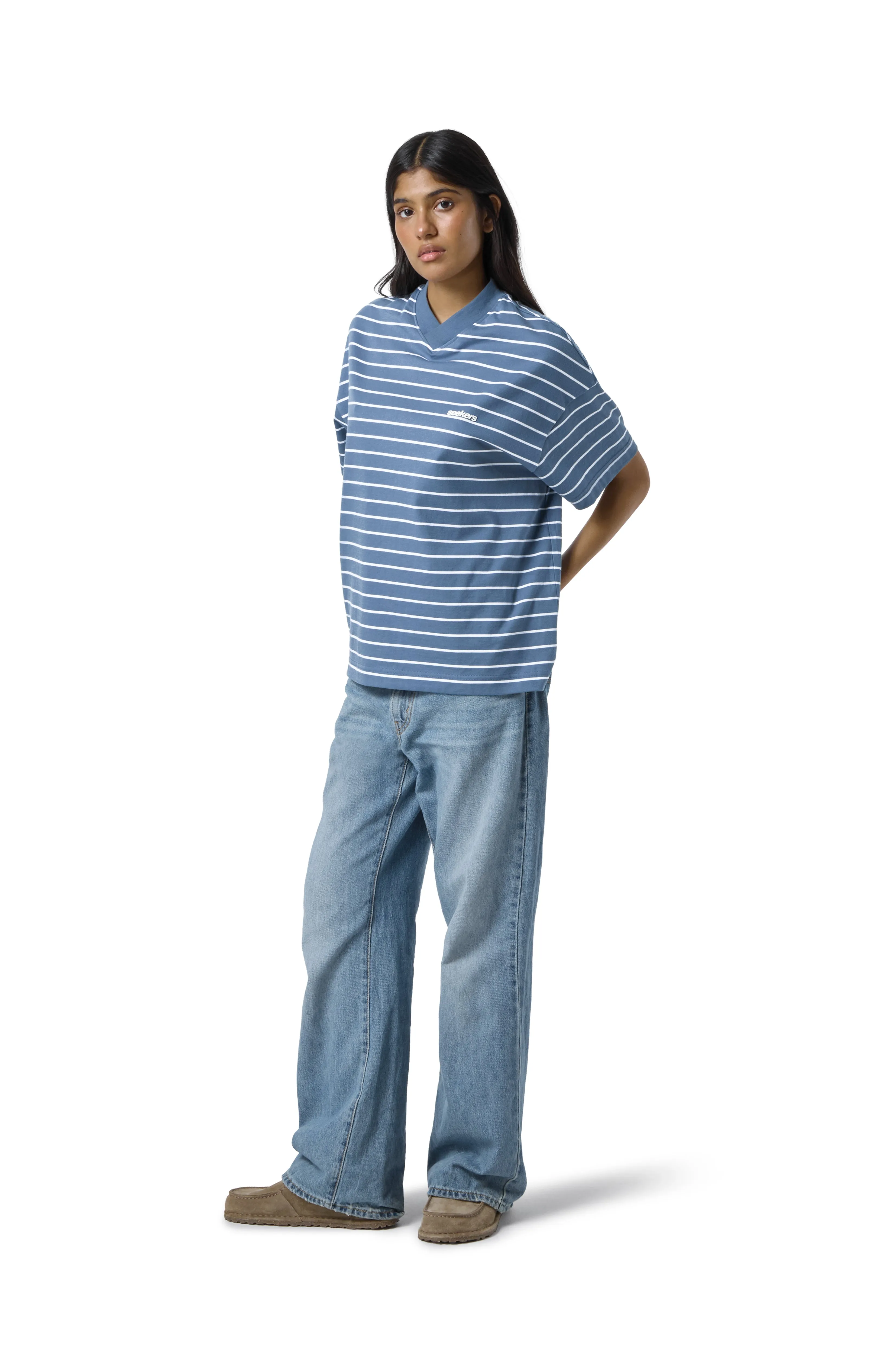 Devon Striped Oversized Tee in Blue Wash sold by Sisters and Seekers product image thumbnail 3