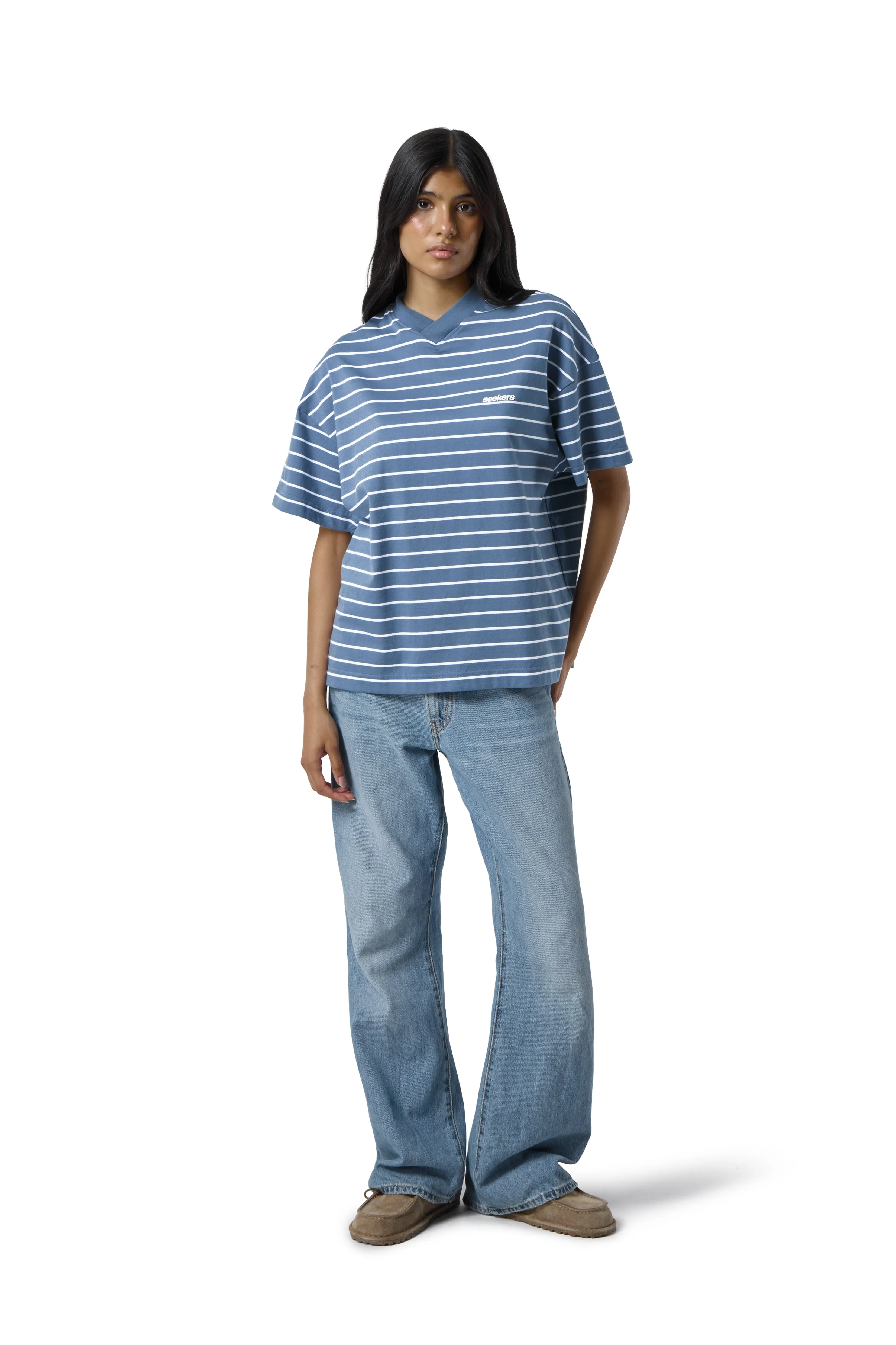 Devon Striped Oversized Tee in Blue Wash sold by Sisters and Seekers