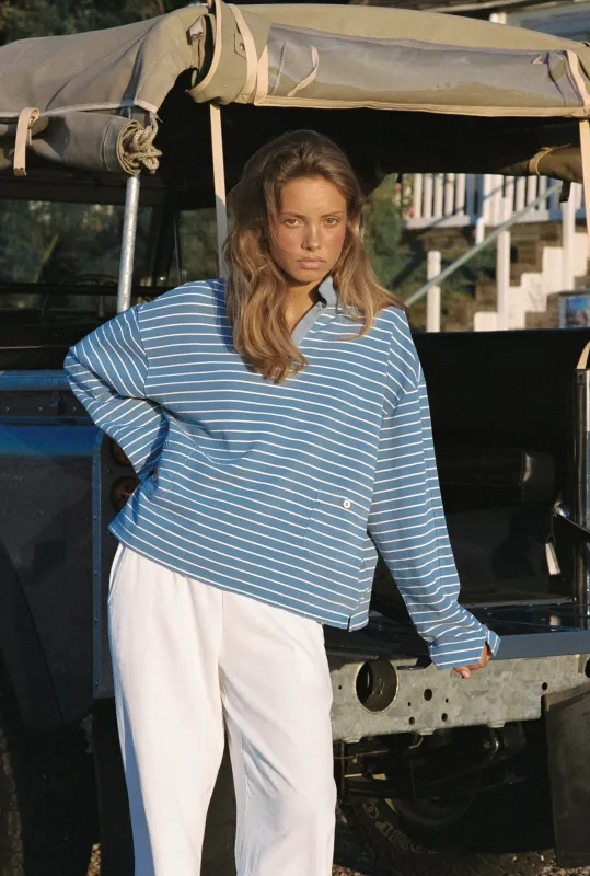 Juno Polo Collar Top in Blue Wash sold by Sisters and Seekers