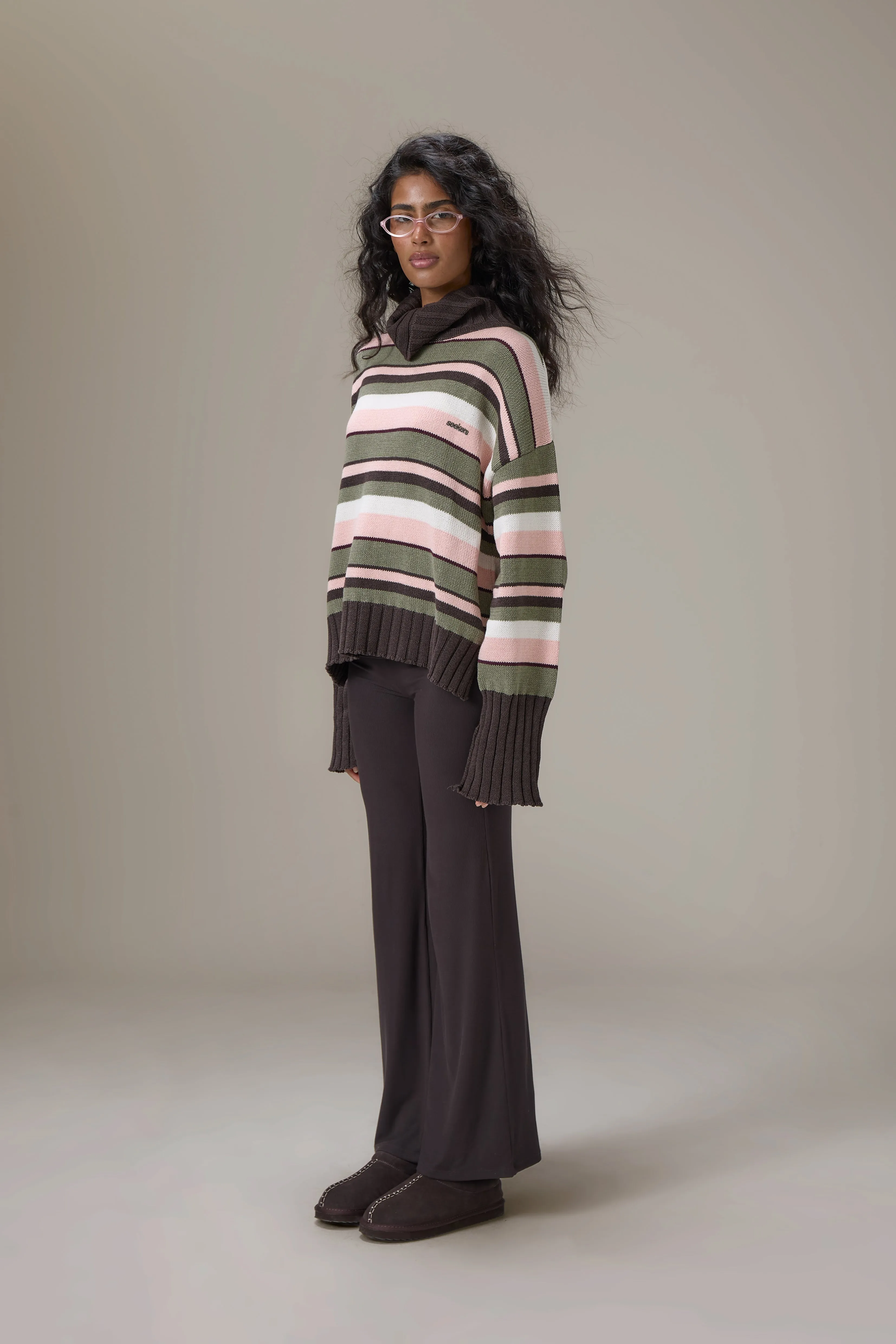 Bella Stripe Roll Neck in Chocolate sold by Sisters and Seekers
