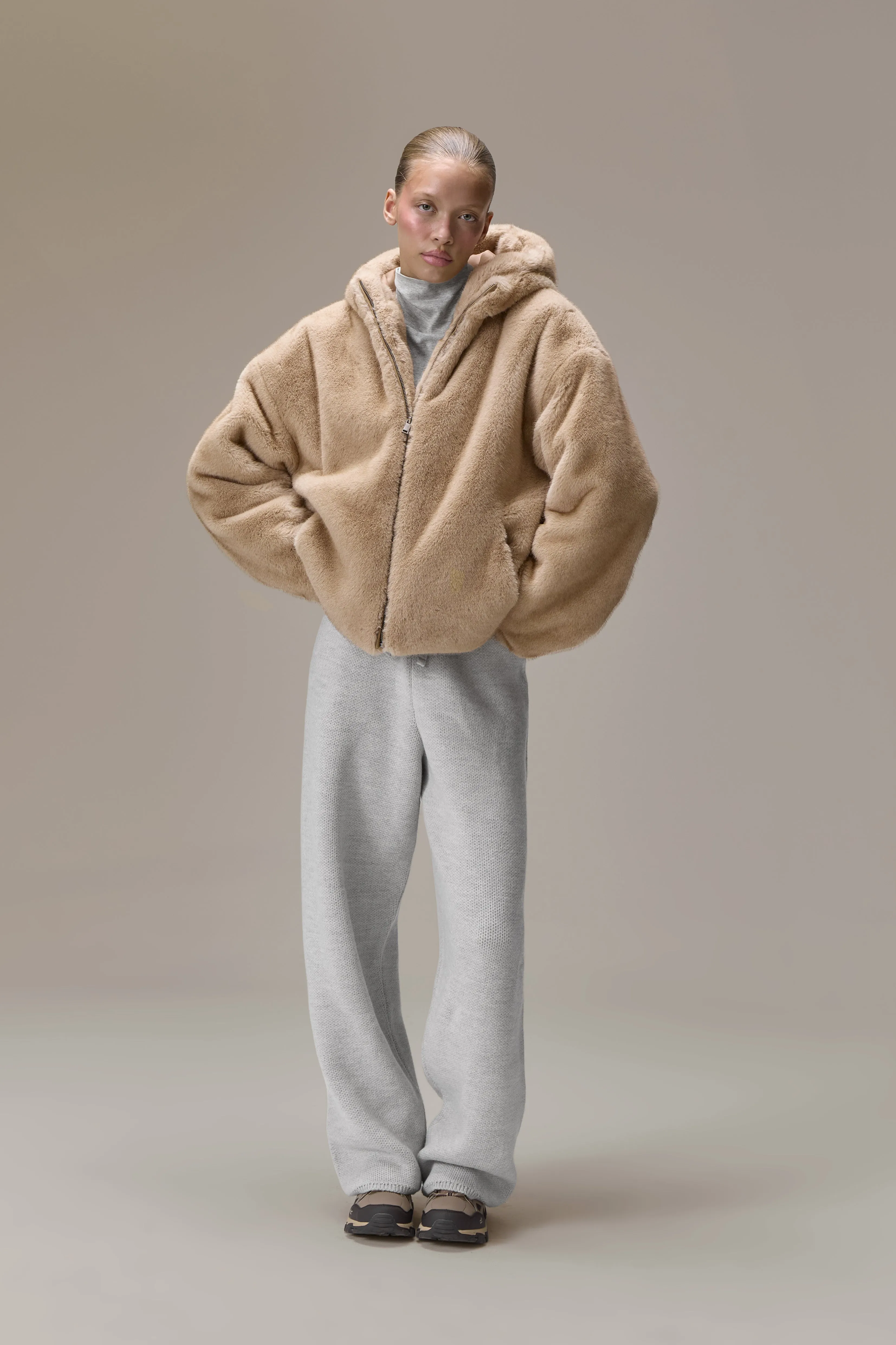 Winnipeg Faux Fur Hooded Jacket in Neutral sold by Sisters and Seekers product image thumbnail 5