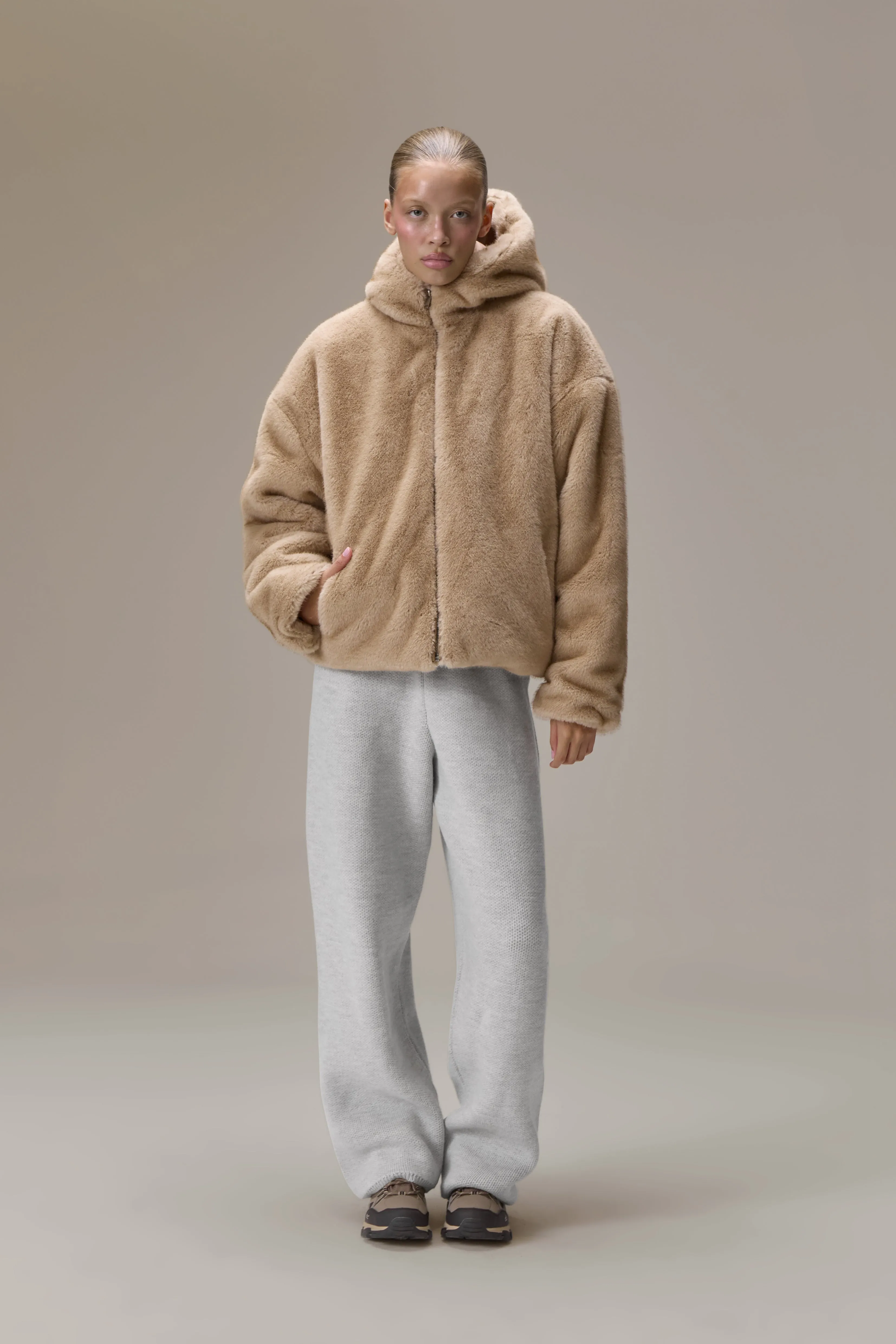 Winnipeg Faux Fur Hooded Jacket in Neutral sold by Sisters and Seekers