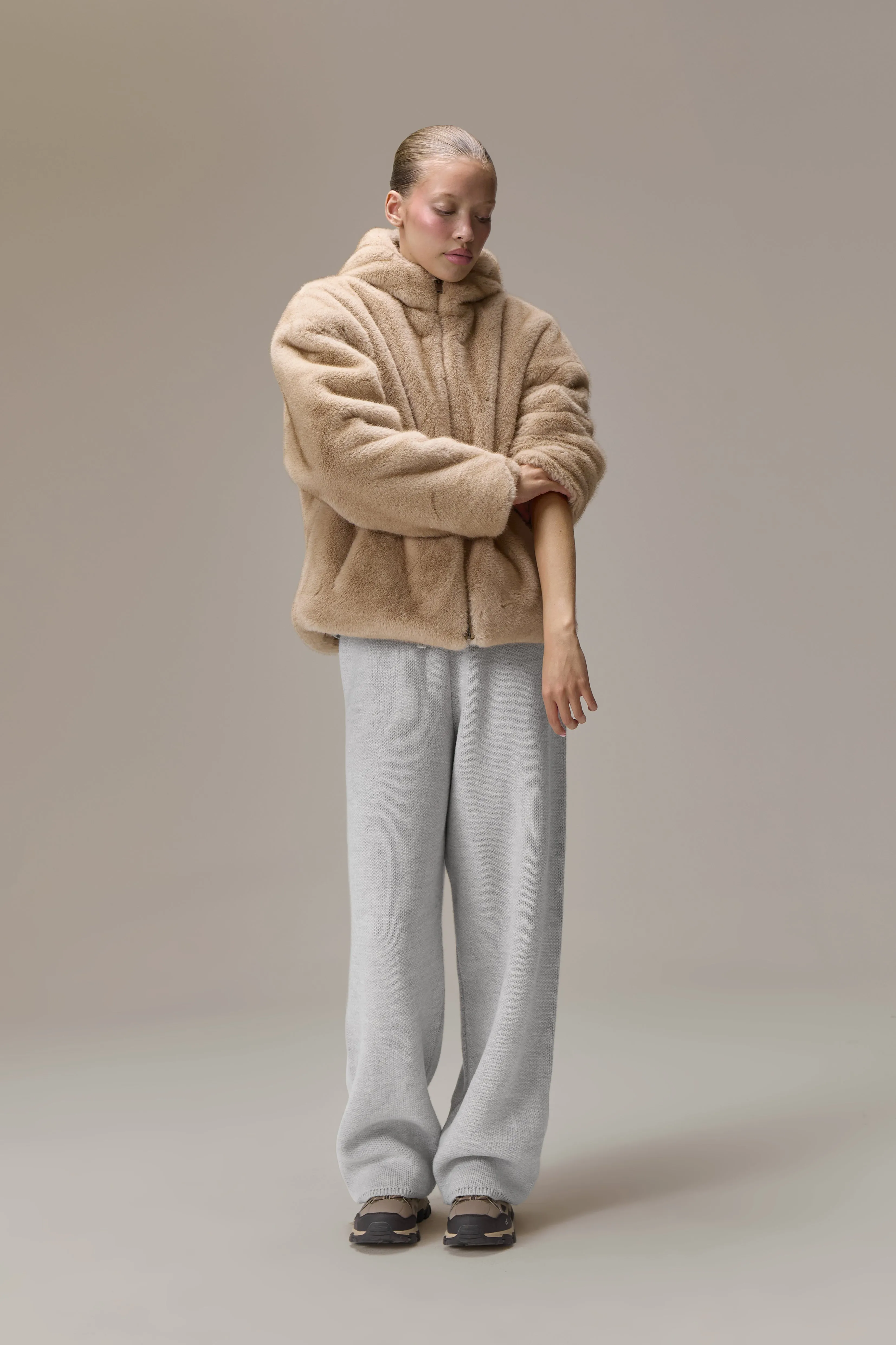 Winnipeg Faux Fur Hooded Jacket in Neutral sold by Sisters and Seekers product image thumbnail 4