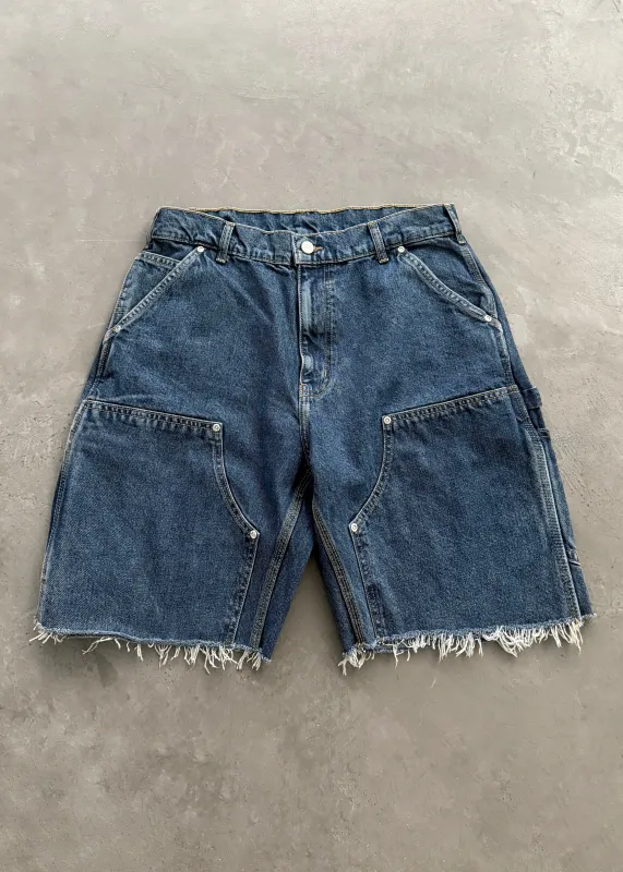 RAW EDGE DENIM DOUBLE KNEE SHORTS - DARK INDIGO sold by Akimbo