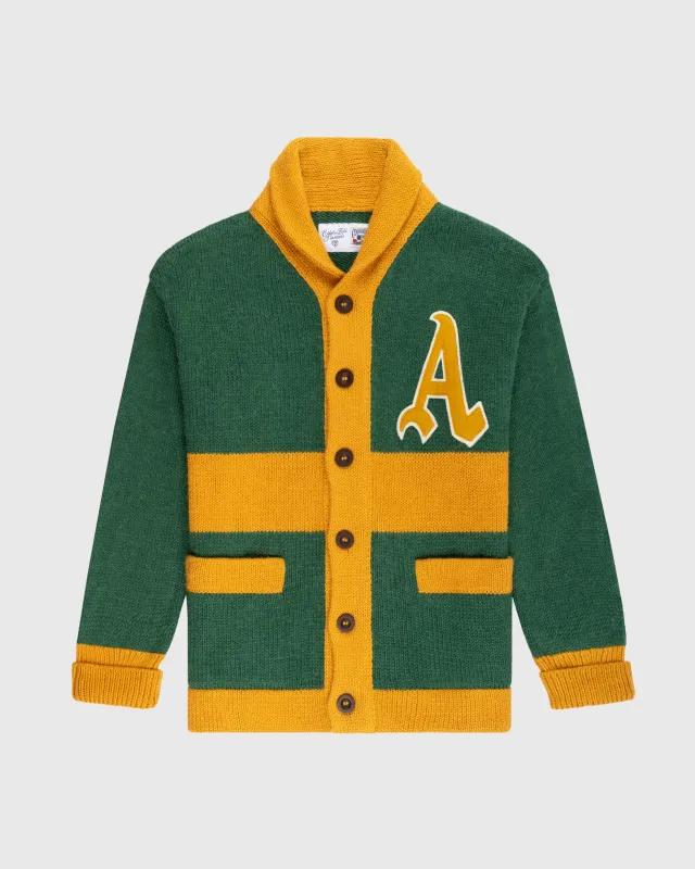 Oakland Athletics 1969 Wool Shawl Collar Sweater sold by Ebbets Field Flannels