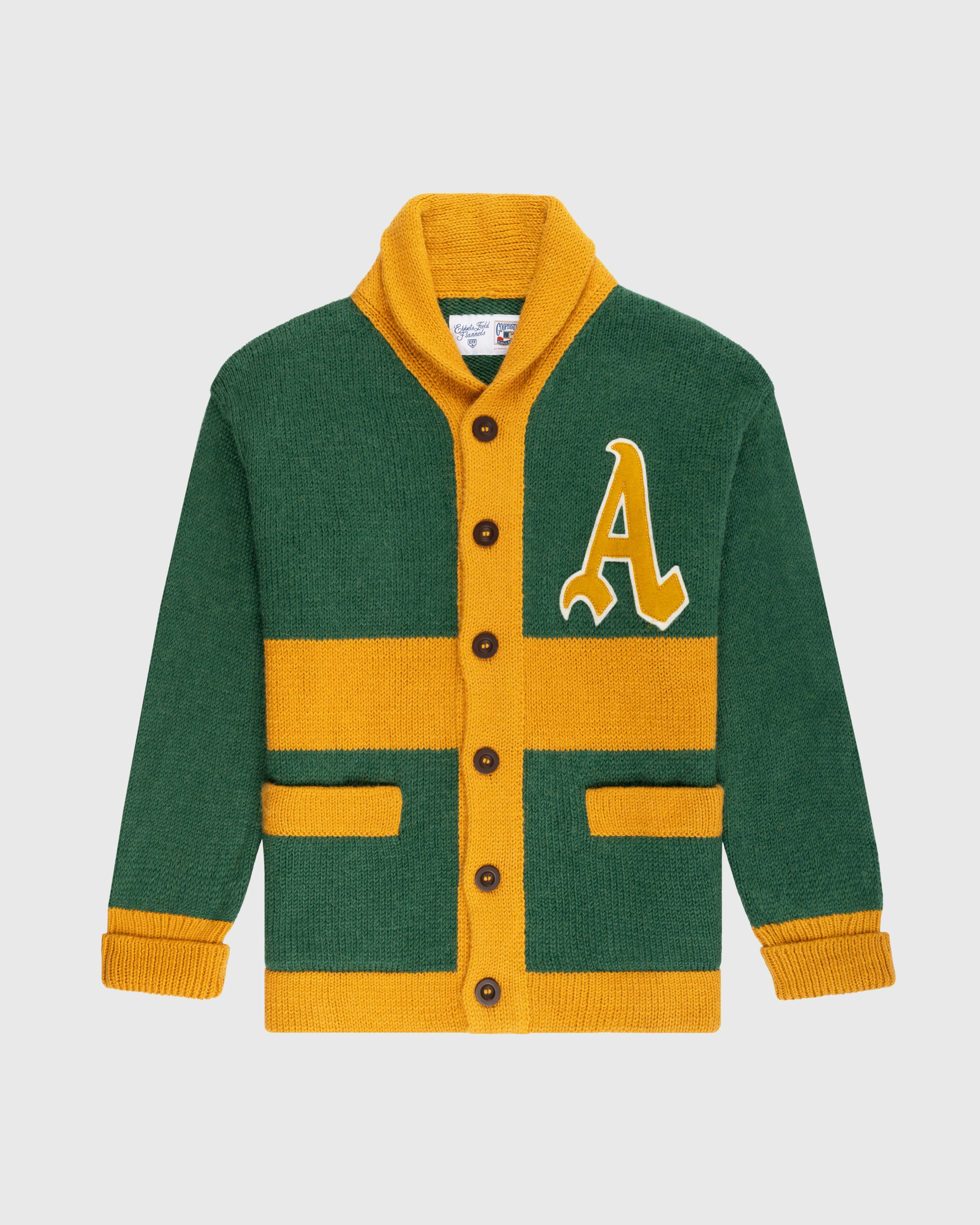 Oakland Athletics 1969 Wool Shawl Collar Sweater sold by Ebbets Field Flannels
