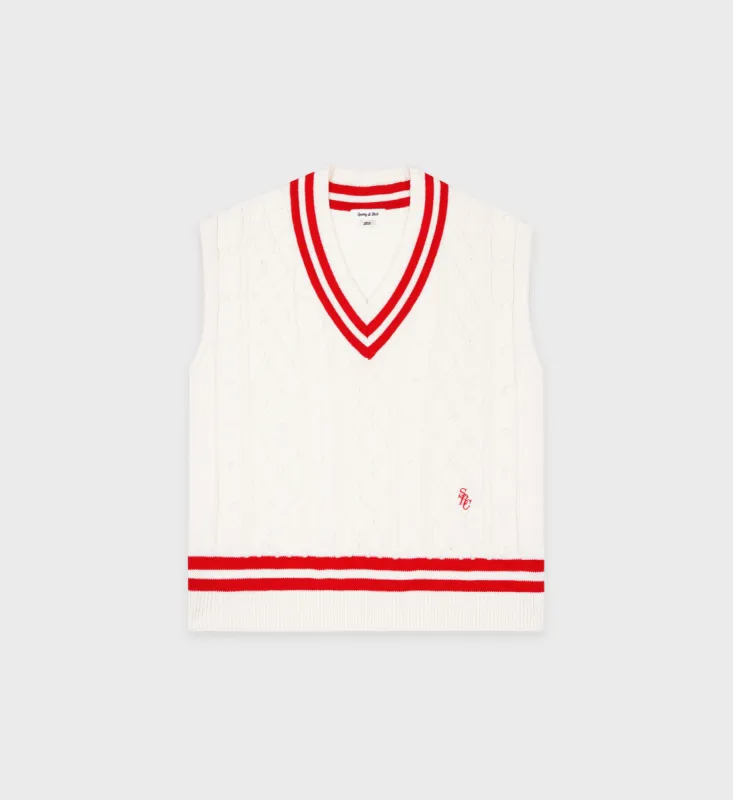 SRC Cableknit Vest - Cream/Red sold by Sporty and Rich