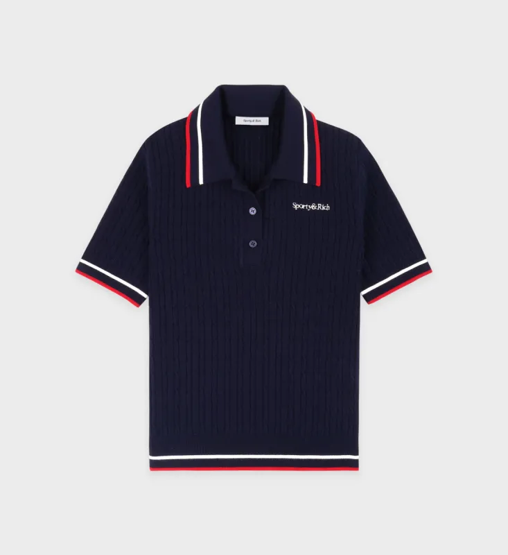 Serif Logo Mini Cable Polo - Navy/White/Red sold by Sporty and Rich