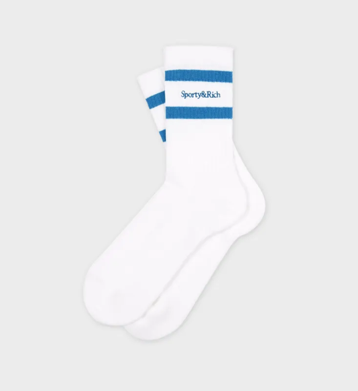 Serif Logo Socks - White/Lapis sold by Sporty and Rich