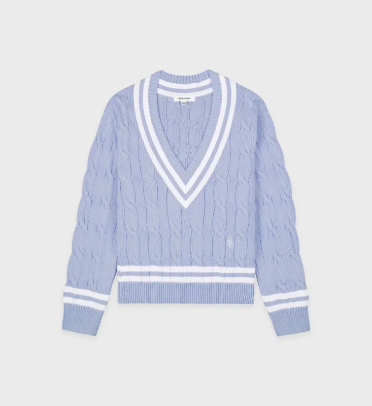 SRC Cableknit V-Neck Sweater - Sky Blue/Off White sold by Sporty and Rich