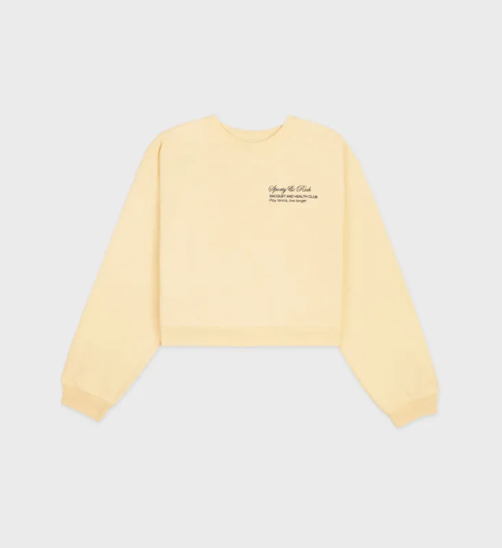 Tennis Script Cropped Crewneck - Almond/Navy sold by Sporty and Rich