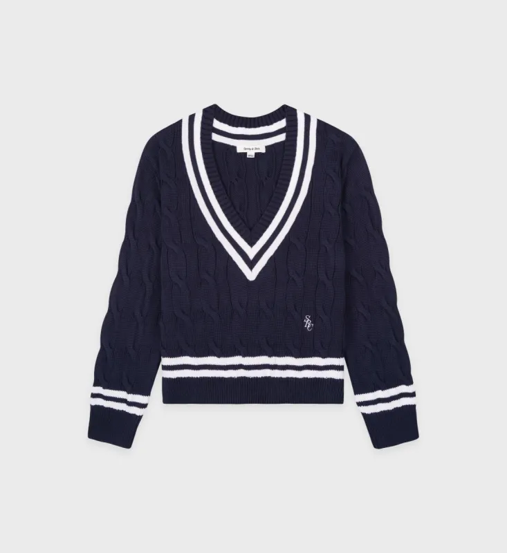 SRC Cableknit V-Neck Sweater - Navy/White sold by Sporty and Rich