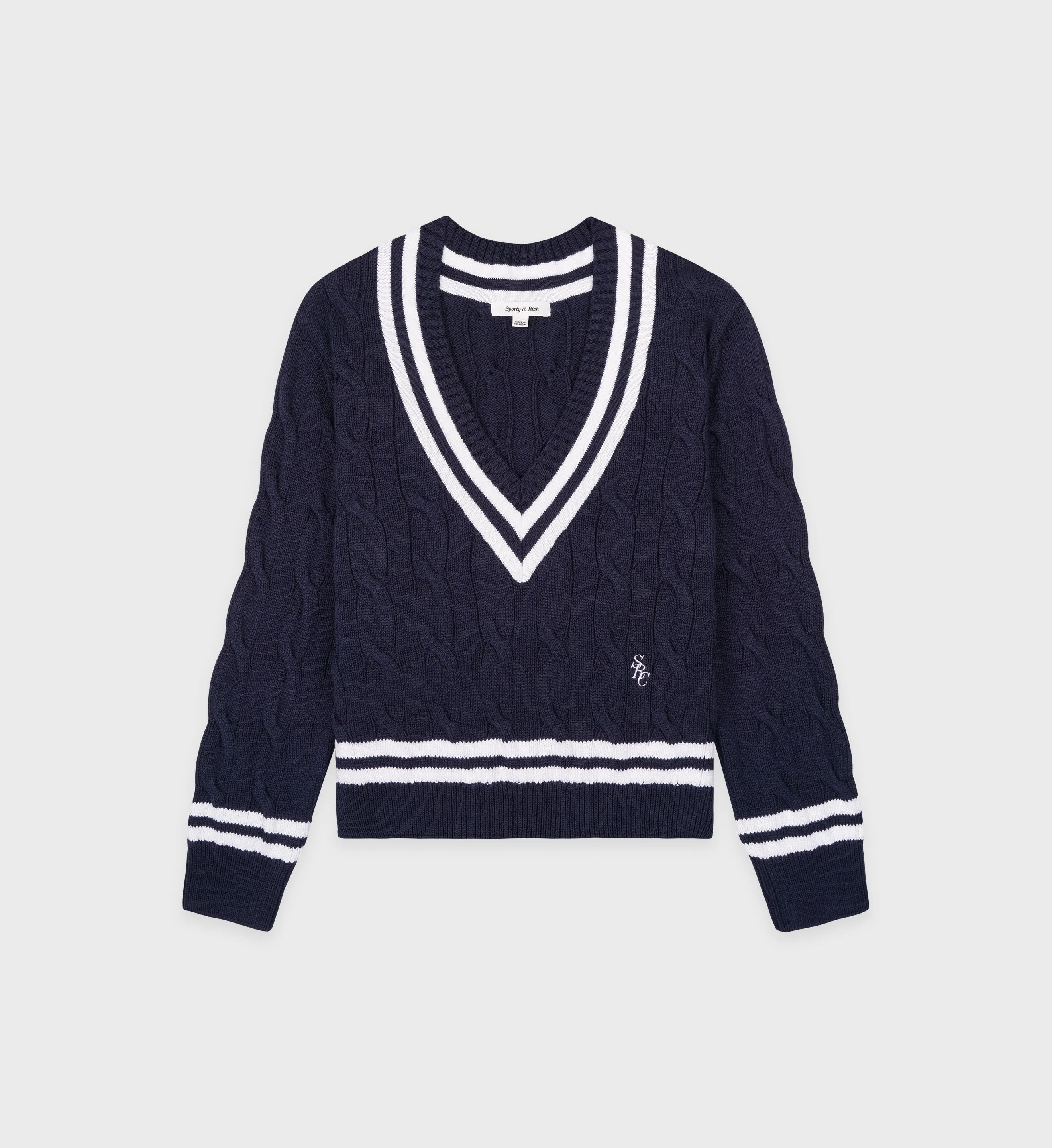 SRC Cableknit V-Neck Sweater - Navy/White sold by Sporty and Rich
