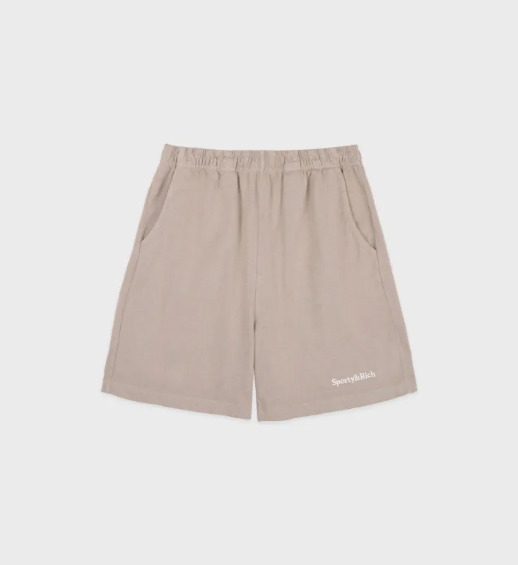 Serif Logo Embroidered Gym Short - Elephant/White sold by Sporty and Rich