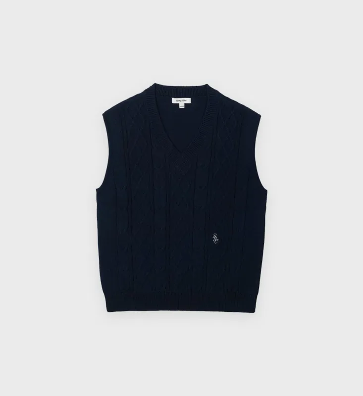 SRC Cableknit Vest - Navy/White sold by Sporty and Rich