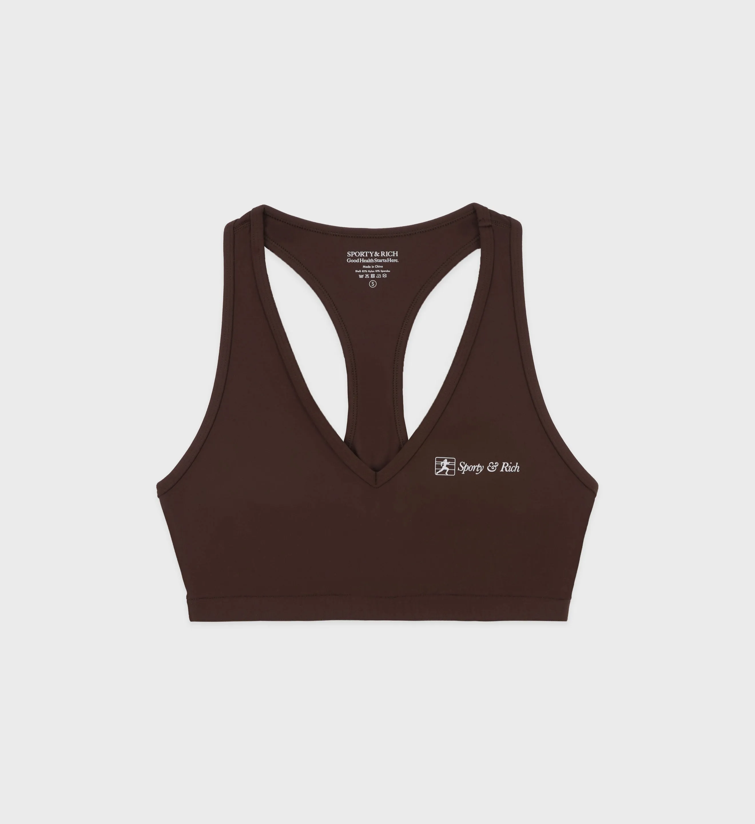 Runner Script V-Neck Sports Bra - Chocolate/White sold by Sporty and Rich