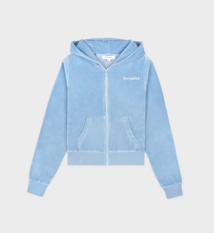 Health Ivy Velour Zipped Hoodie - Sky Blue/White sold by Sporty and Rich