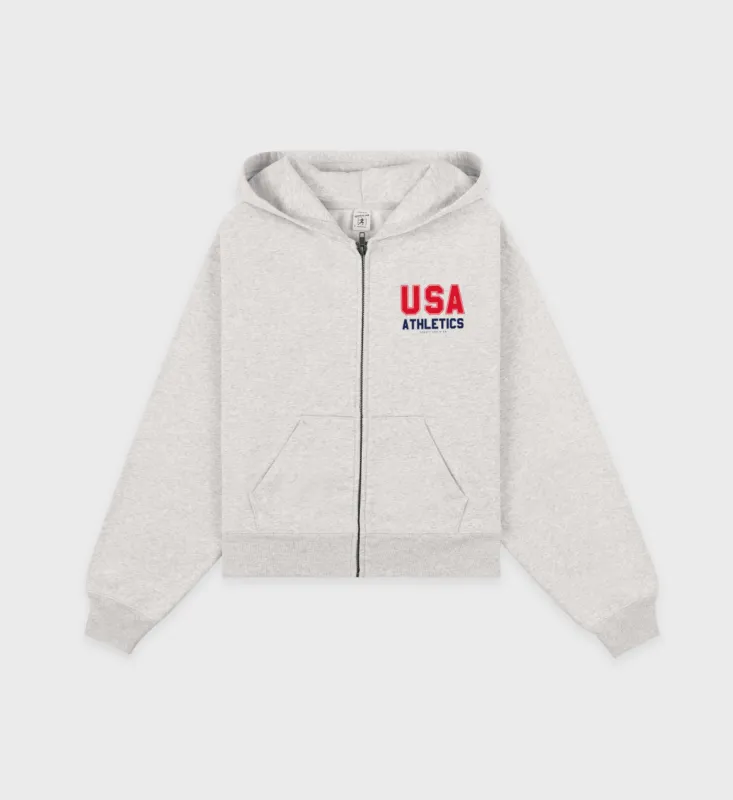 USA Athletics Cropped Zip Hoodie - Heather Gray/Navy/Sports Red sold by Sporty and Rich
